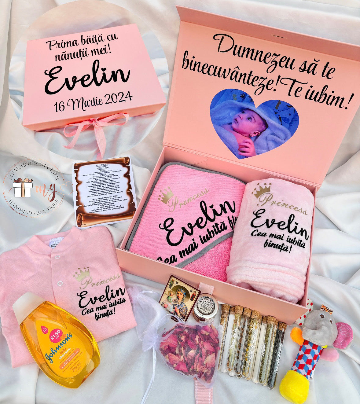 Set roz prima băiță după Botez cu hăinuțe personalizate sau simple