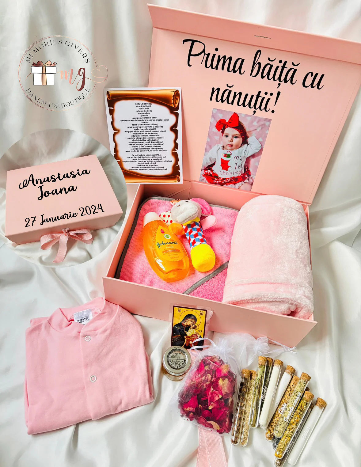 Set roz prima băiță după Botez cu hăinuțe personalizate sau simple