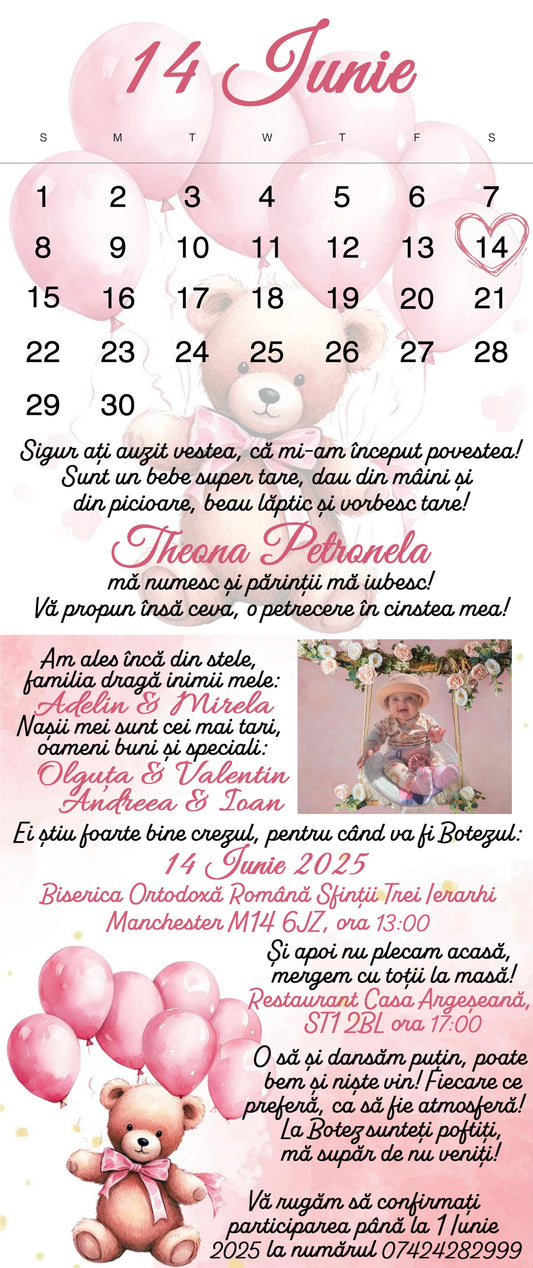 Invitație pliată ursuleț cu baloane fetiță