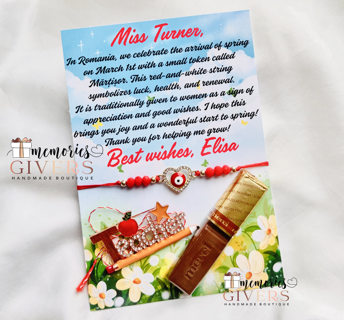 Felicitare cu mesaj, brățară, broșă "TEACHER" și ciocolată Merci