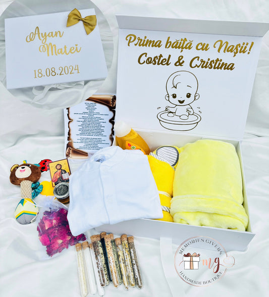 Set galben prima băiță după Botez cu hăinuțe personalizate sau simple
