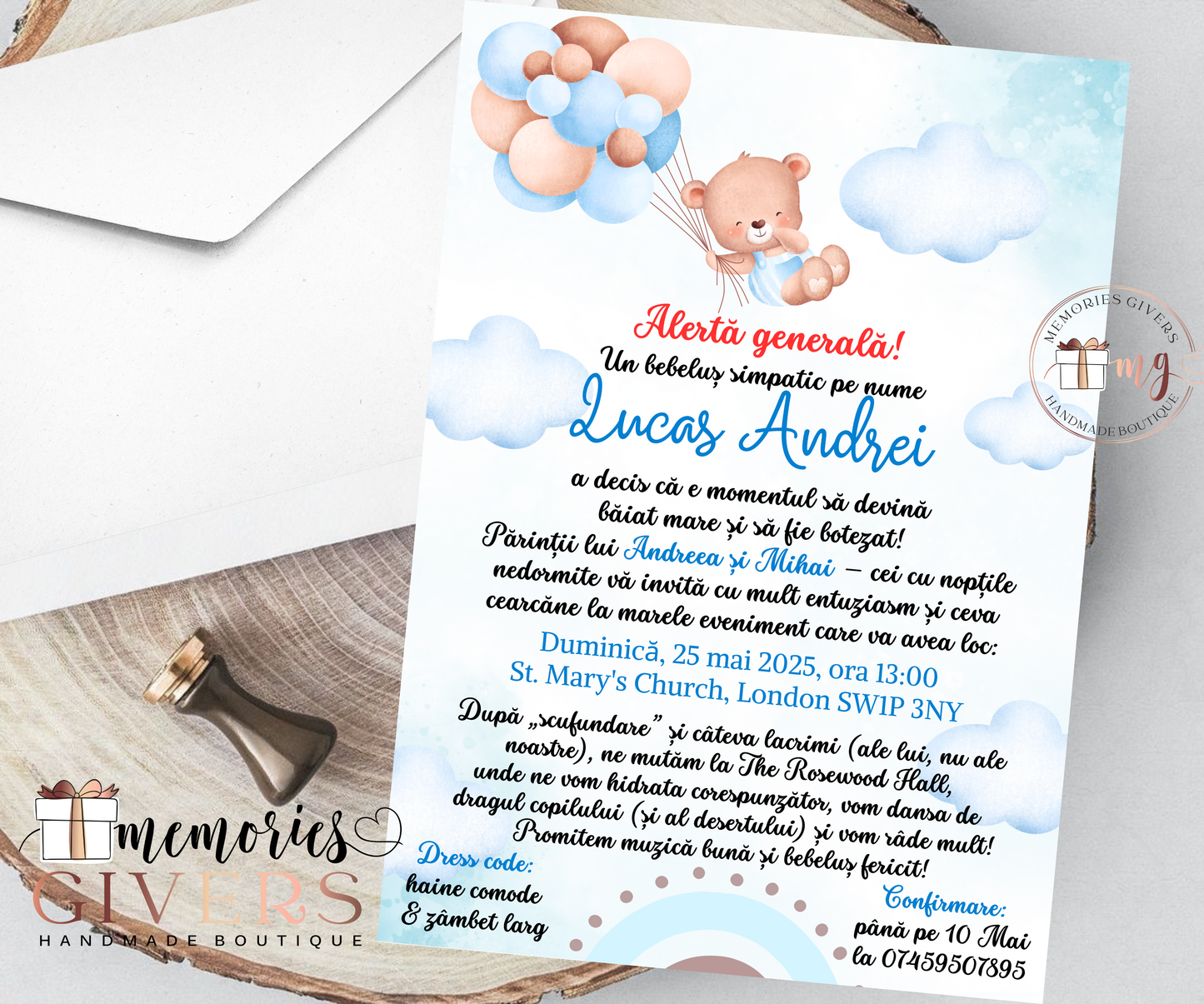 Invitație băiețel Urs cu baloare