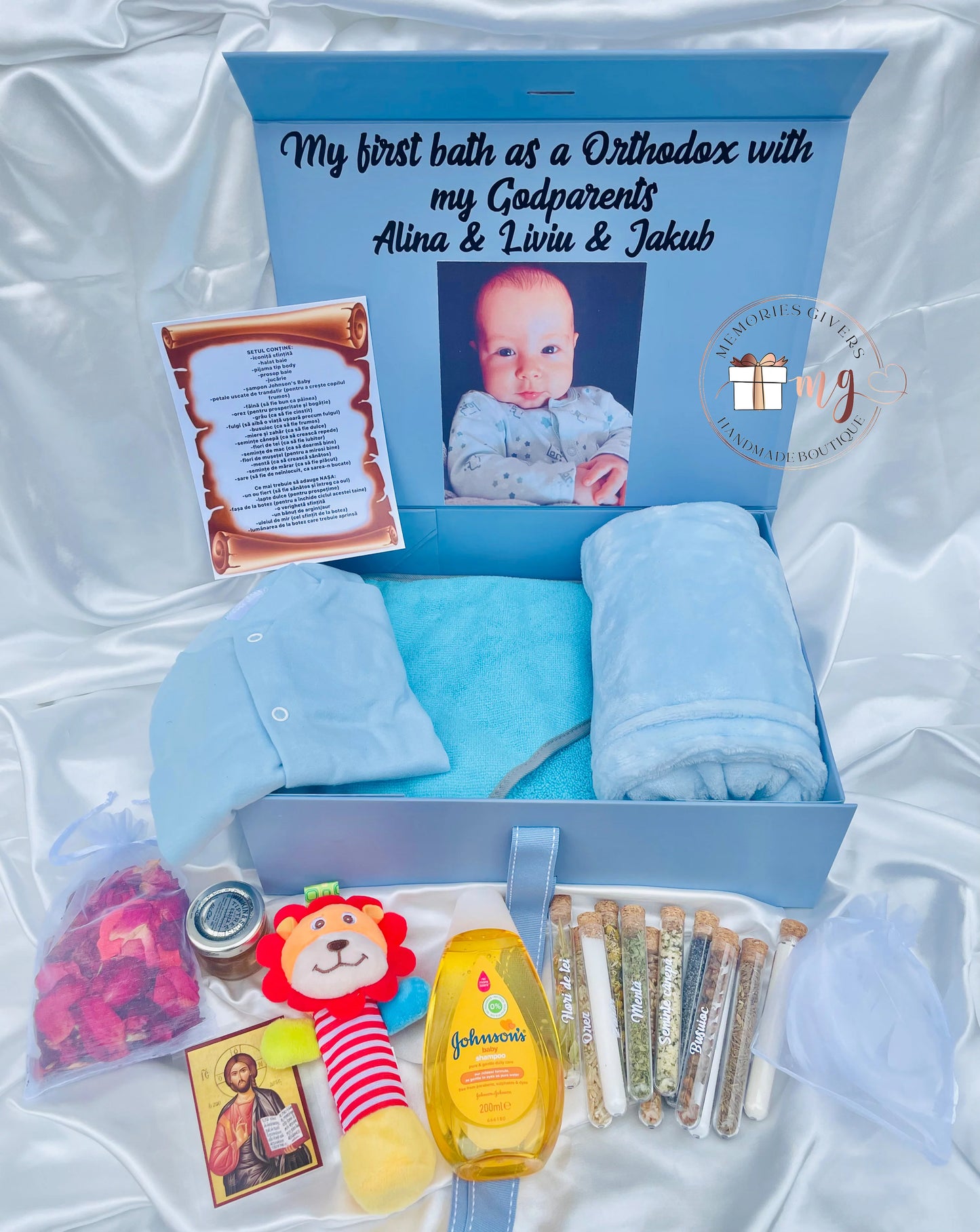 Set albastru prima băiță după Botez cu hăinuțe personalizate sau simple