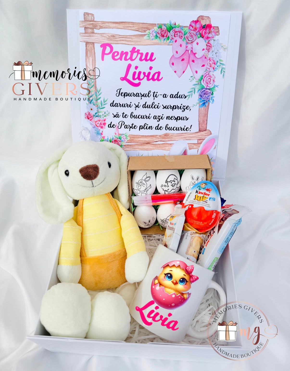 Cutie pentru copii cu Iepuraș de plush, cană și 6 ouă de colorat