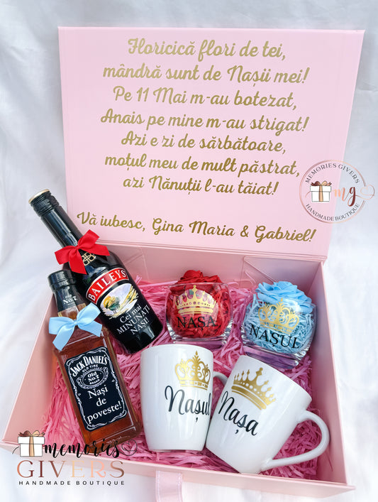 Cutie cu 2 sticle, pahare și căni cu sau fără ciocolată