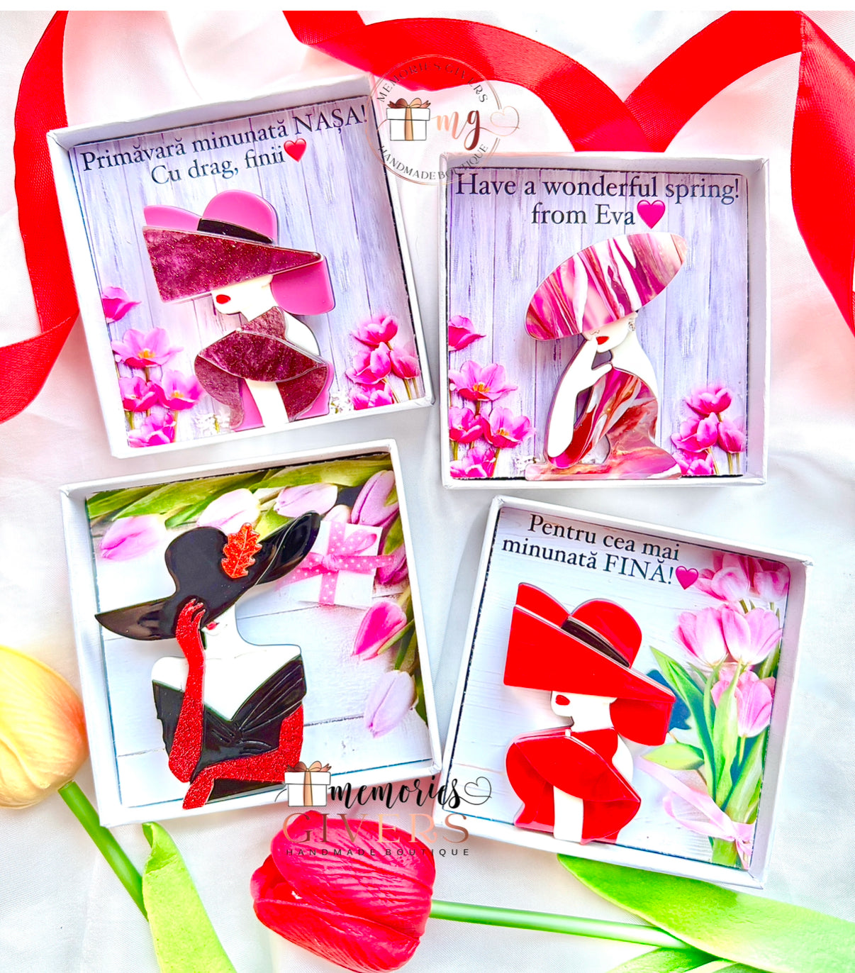 Broșă "Doamna cu palarie" în cutie personalizată