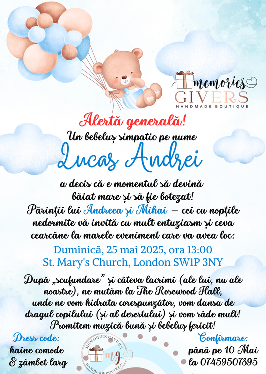 Invitație băiețel Urs cu baloare