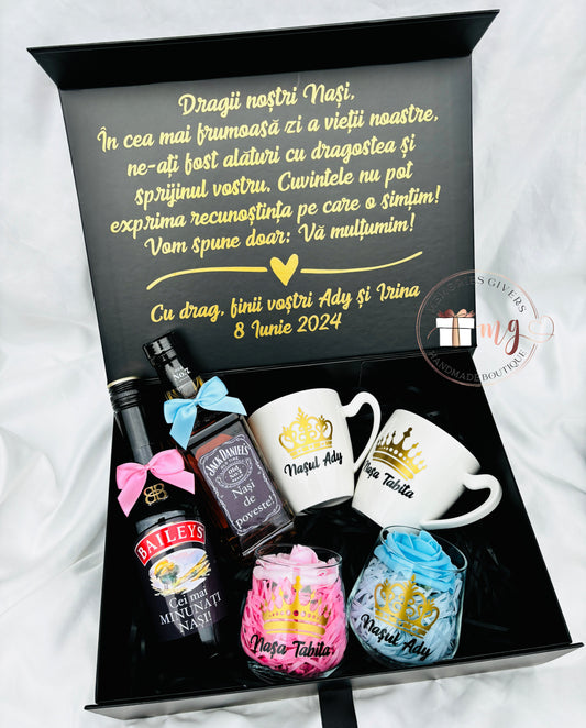 Cutie cu 2 sticle, pahare și căni cu sau fără ciocolată