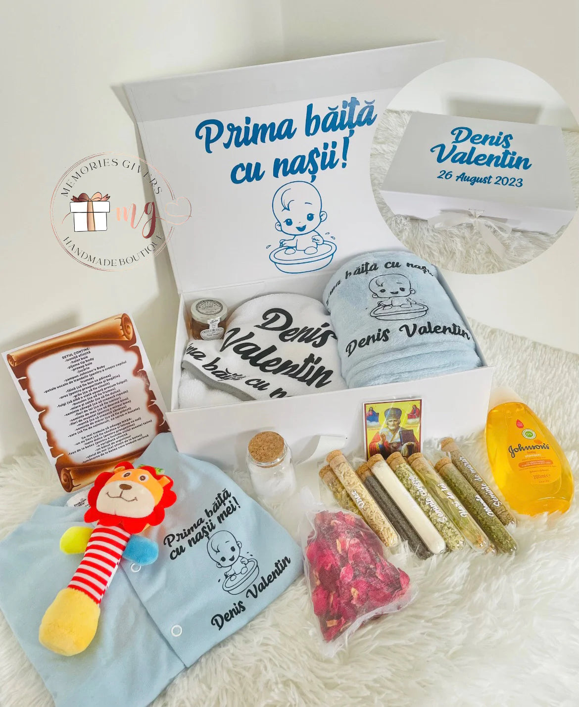 Set albastru prima băiță după Botez cu hăinuțe personalizate sau simple
