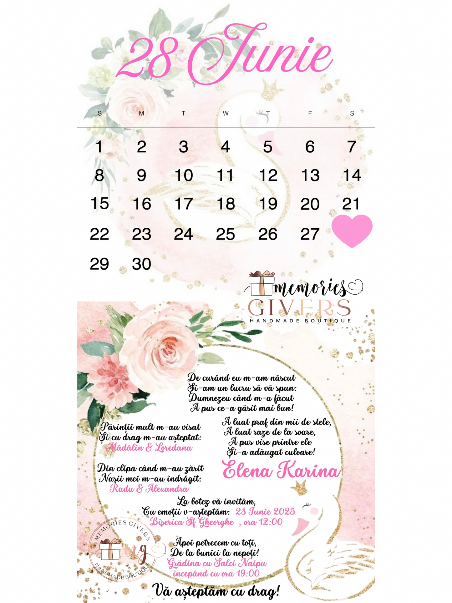 Invitație pliată Botez lebădă - fetiță