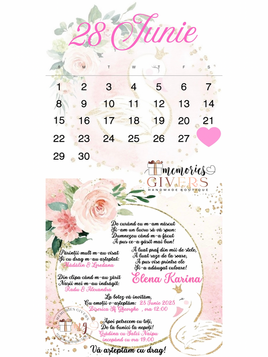 Invitație pliată Botez lebădă - fetiță