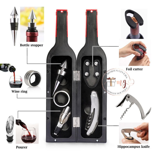 Sticlă cu 5 accesorii pentru vin în interior