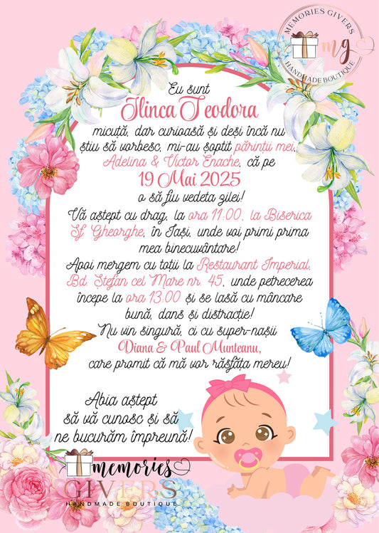 Invitație fetiță flori și bebe