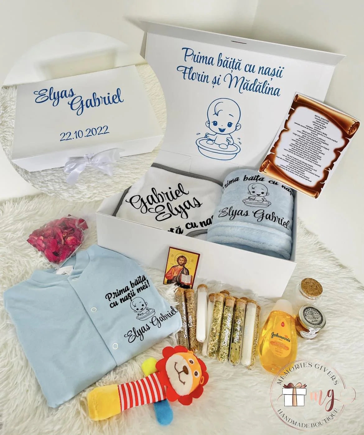 Set albastru prima băiță după Botez cu hăinuțe personalizate sau simple