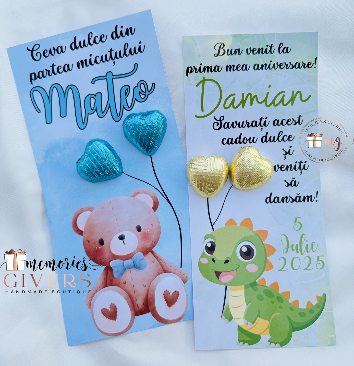 Felicitare personalizată cu 2 ciocolăți în formă de inimă