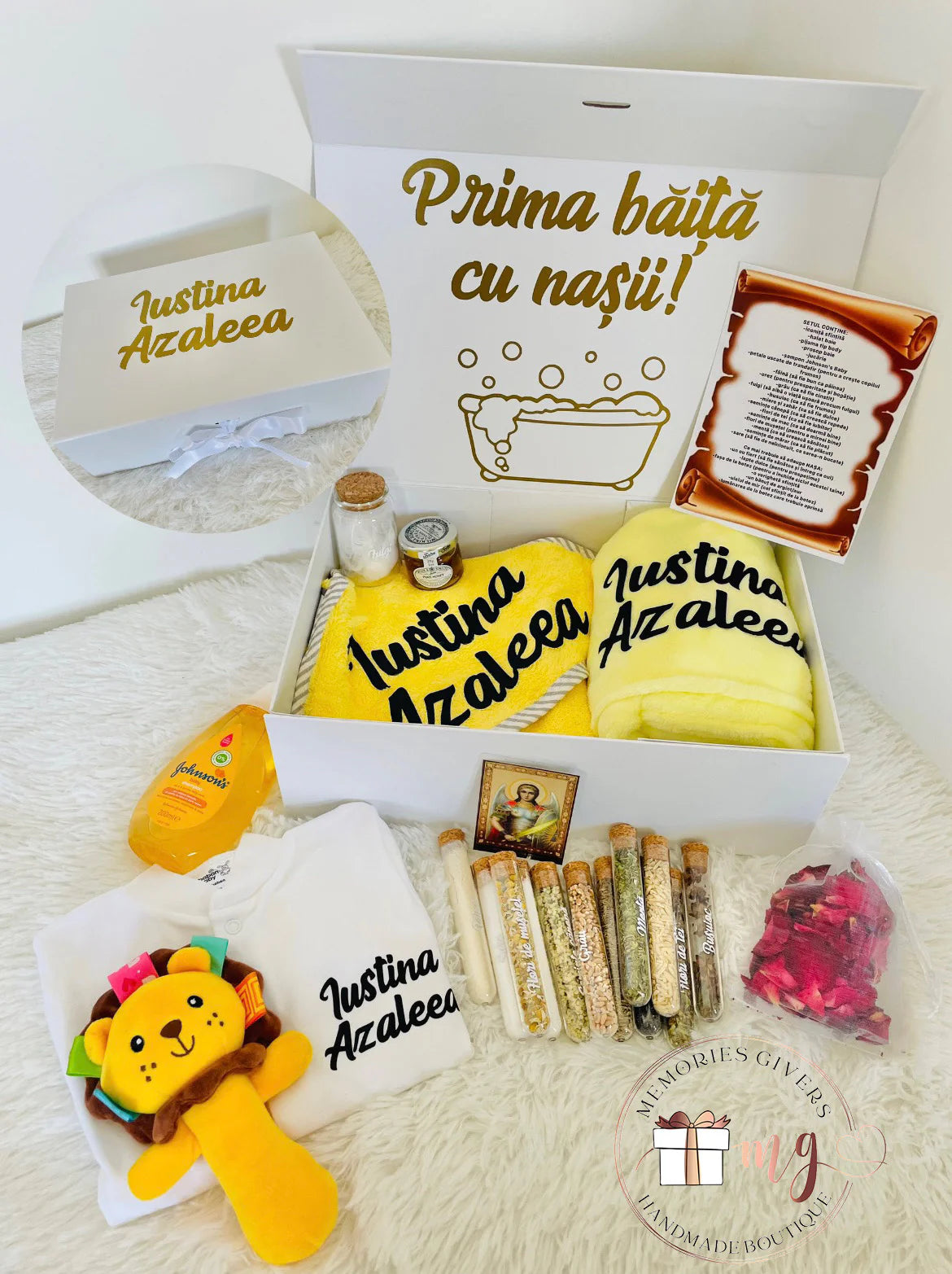 Set galben prima băiță după Botez cu hăinuțe personalizate sau simple