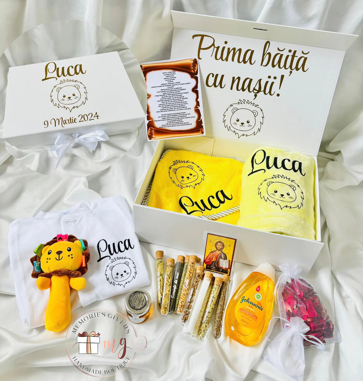 Set galben prima băiță după Botez cu hăinuțe personalizate sau simple