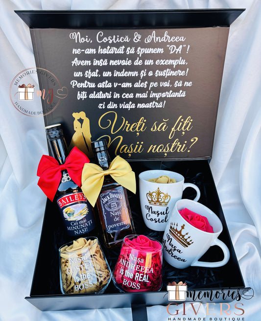 Cutie cu 2 sticle, pahare și căni cu sau fără ciocolată