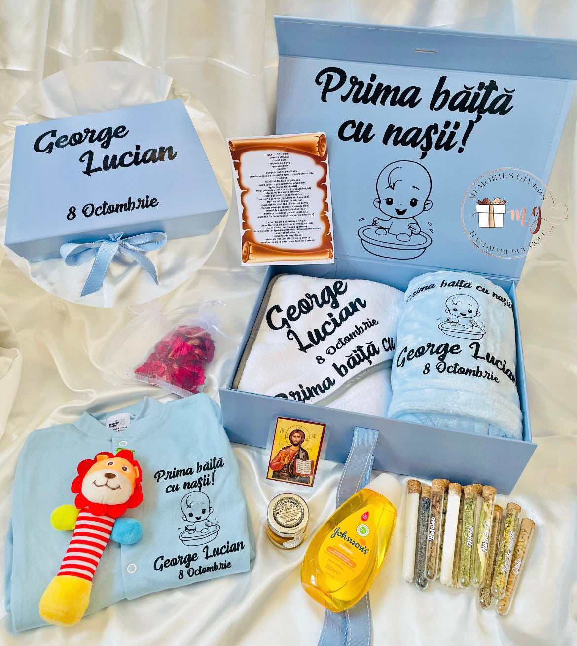 Set albastru prima băiță după Botez cu hăinuțe personalizate sau simple
