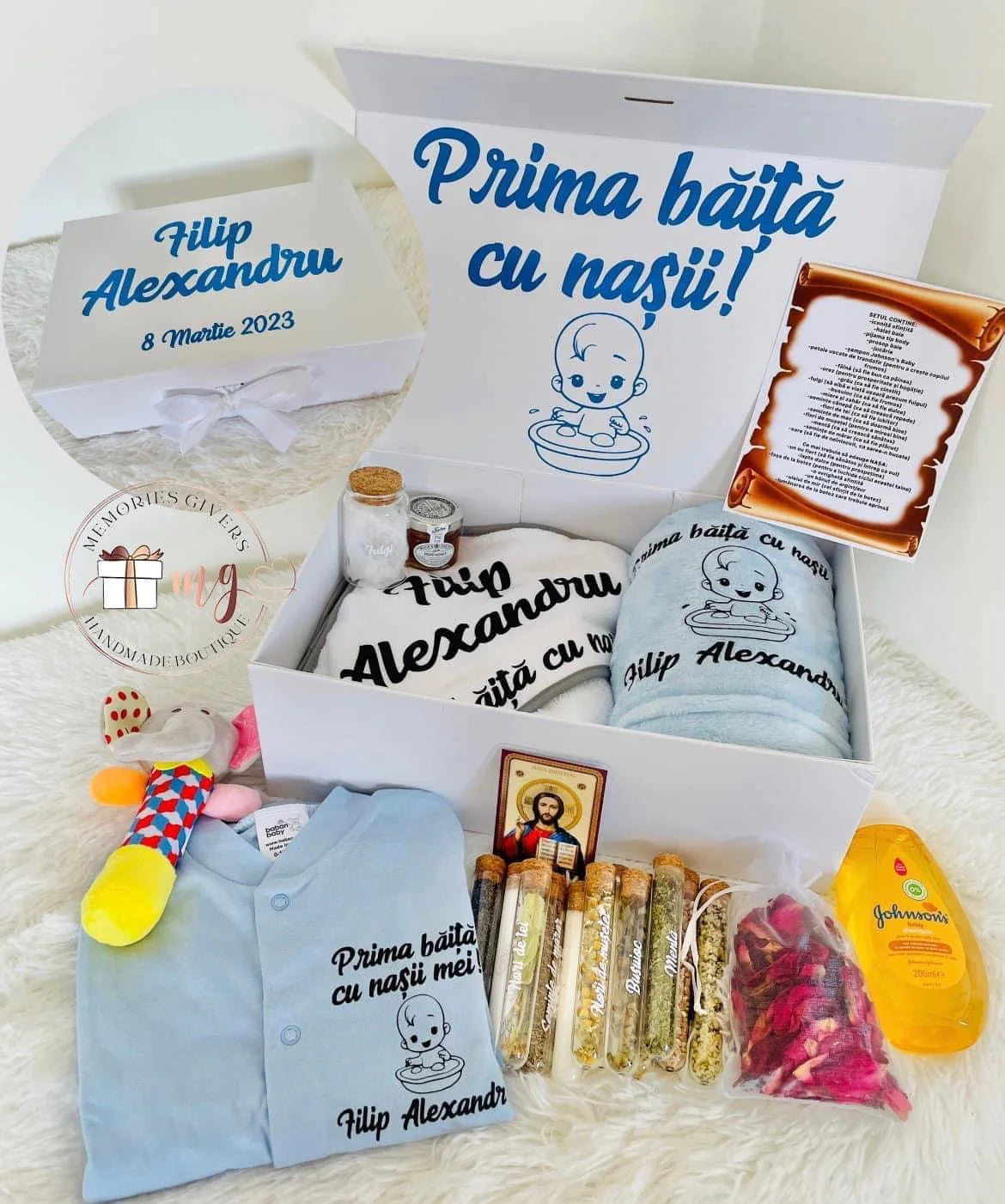 Set albastru prima băiță după Botez cu hăinuțe personalizate sau simple