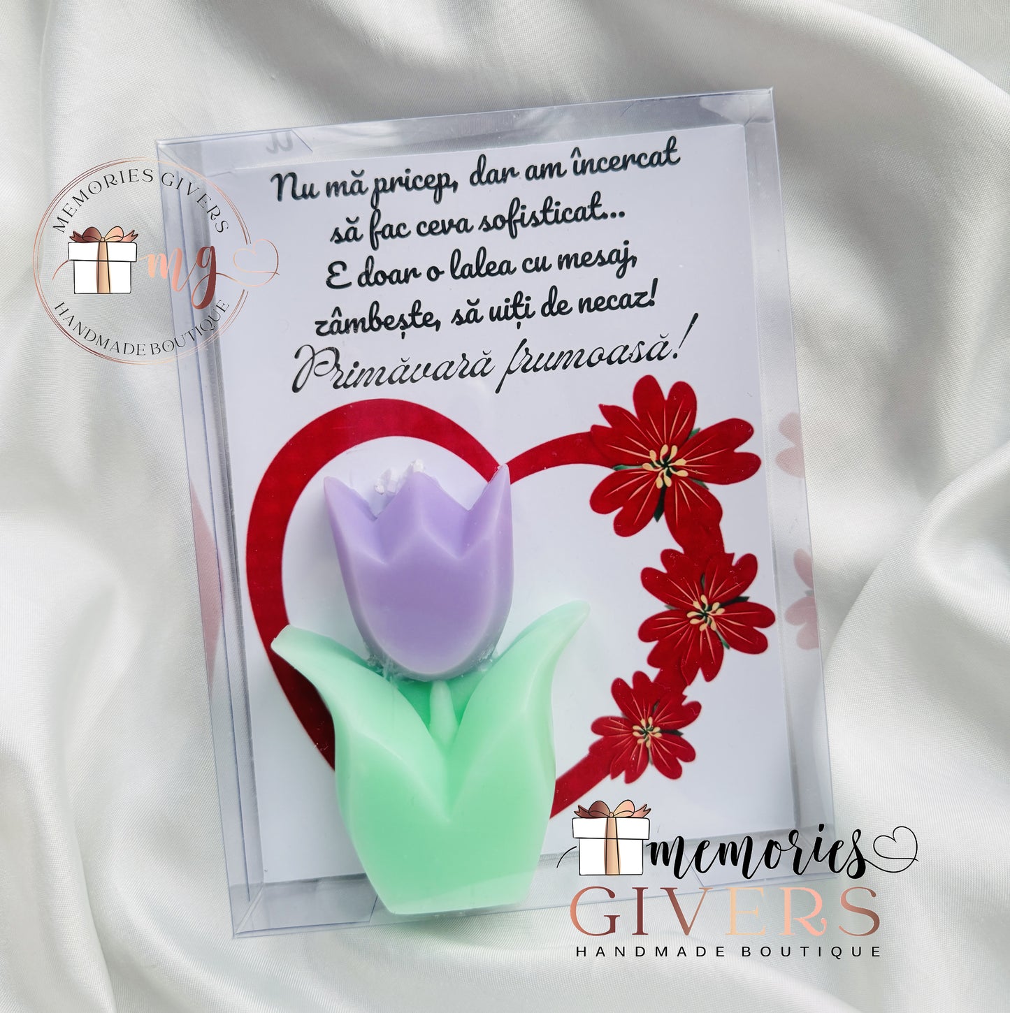Mărțișor lalea - lumânare parfumată - în cutie transparentă personalizată