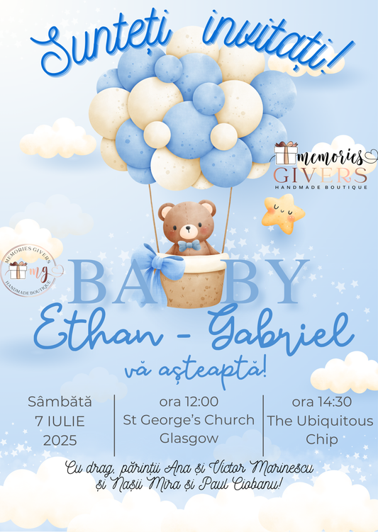 Invitație băiețel Urs în balon cu aer cald