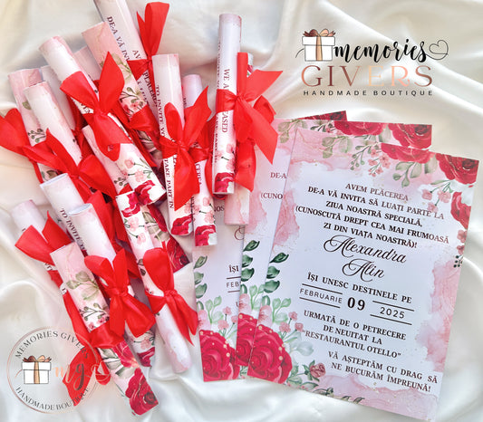 Invitație nuntă - roșie, răsucită și legată cu fundiță