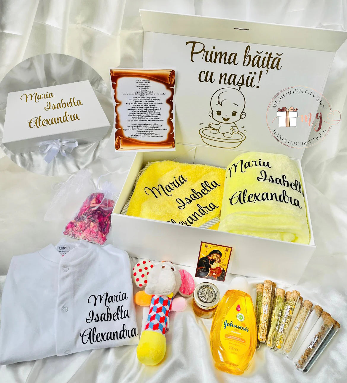 Set galben prima băiță după Botez cu hăinuțe personalizate sau simple