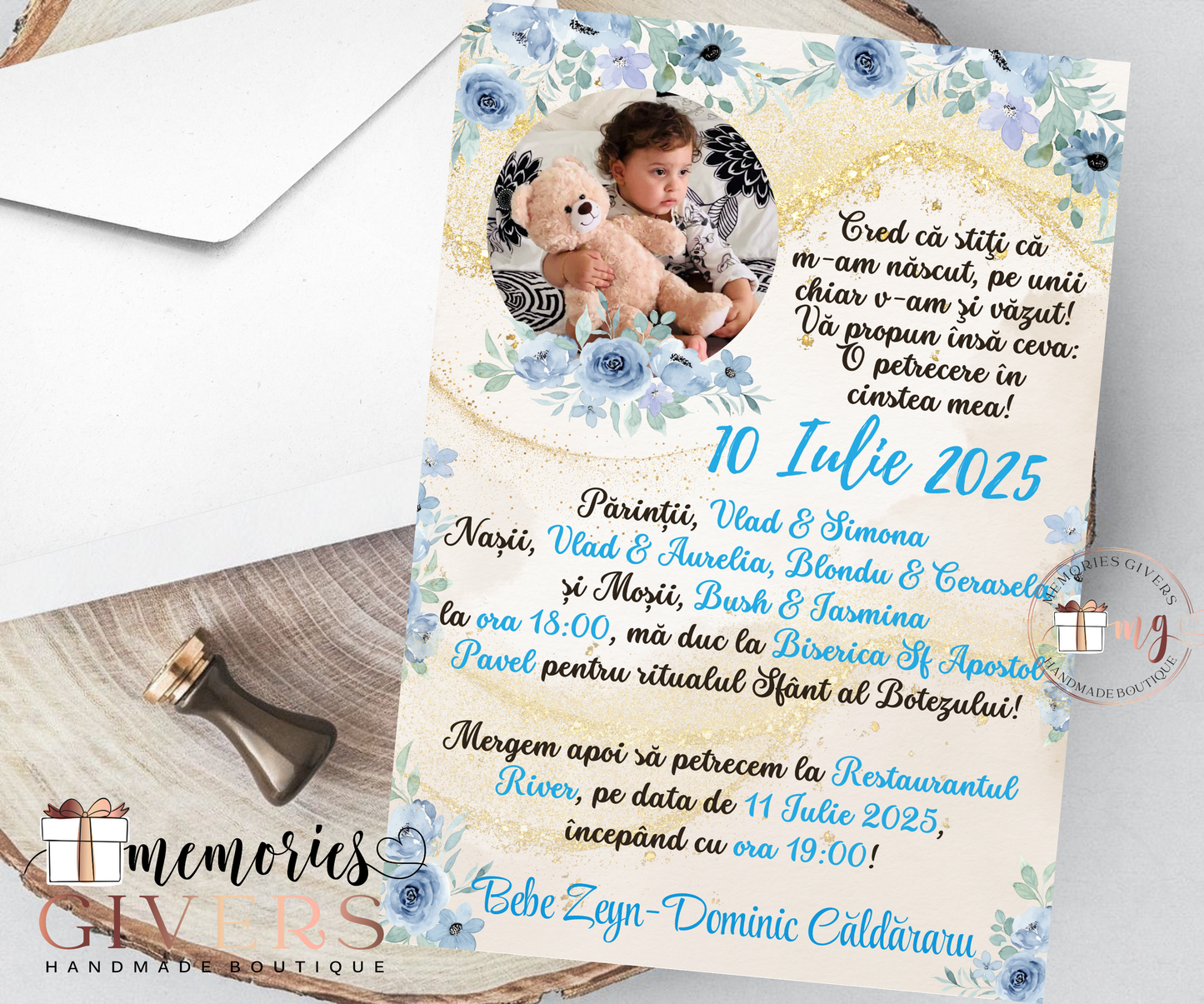 Invitație băiat cu flori albastre