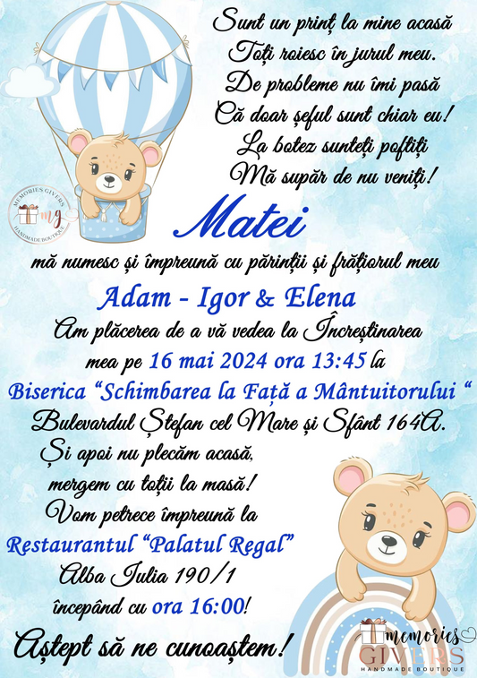 Invitație băiețel cu ursuleț