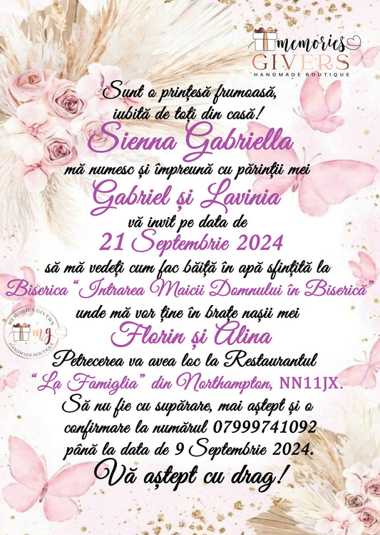 Invitație fetiță cu fluturi