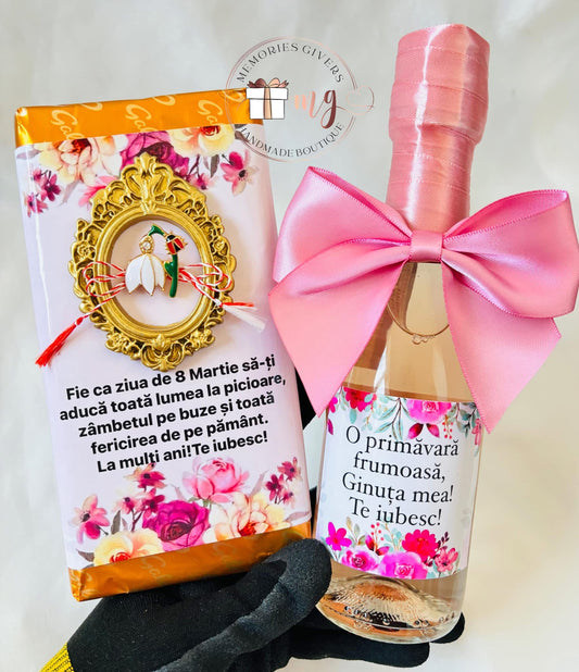 Ciocolată personalizată cu broșă mărțișor și Prosecco