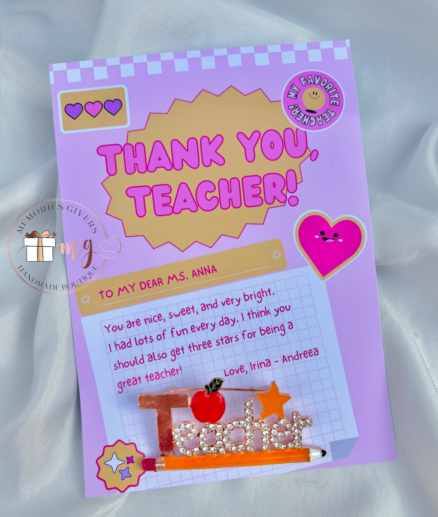 Felicitare cu broșă de pus în piept "Teacher"