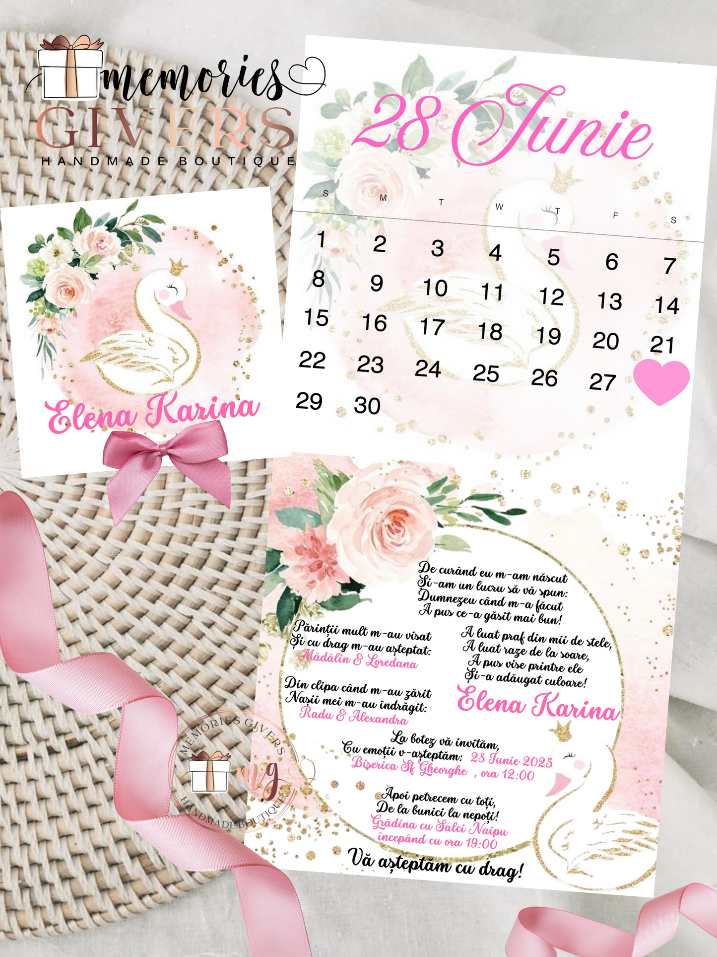 Invitație pliată Botez lebădă - fetiță
