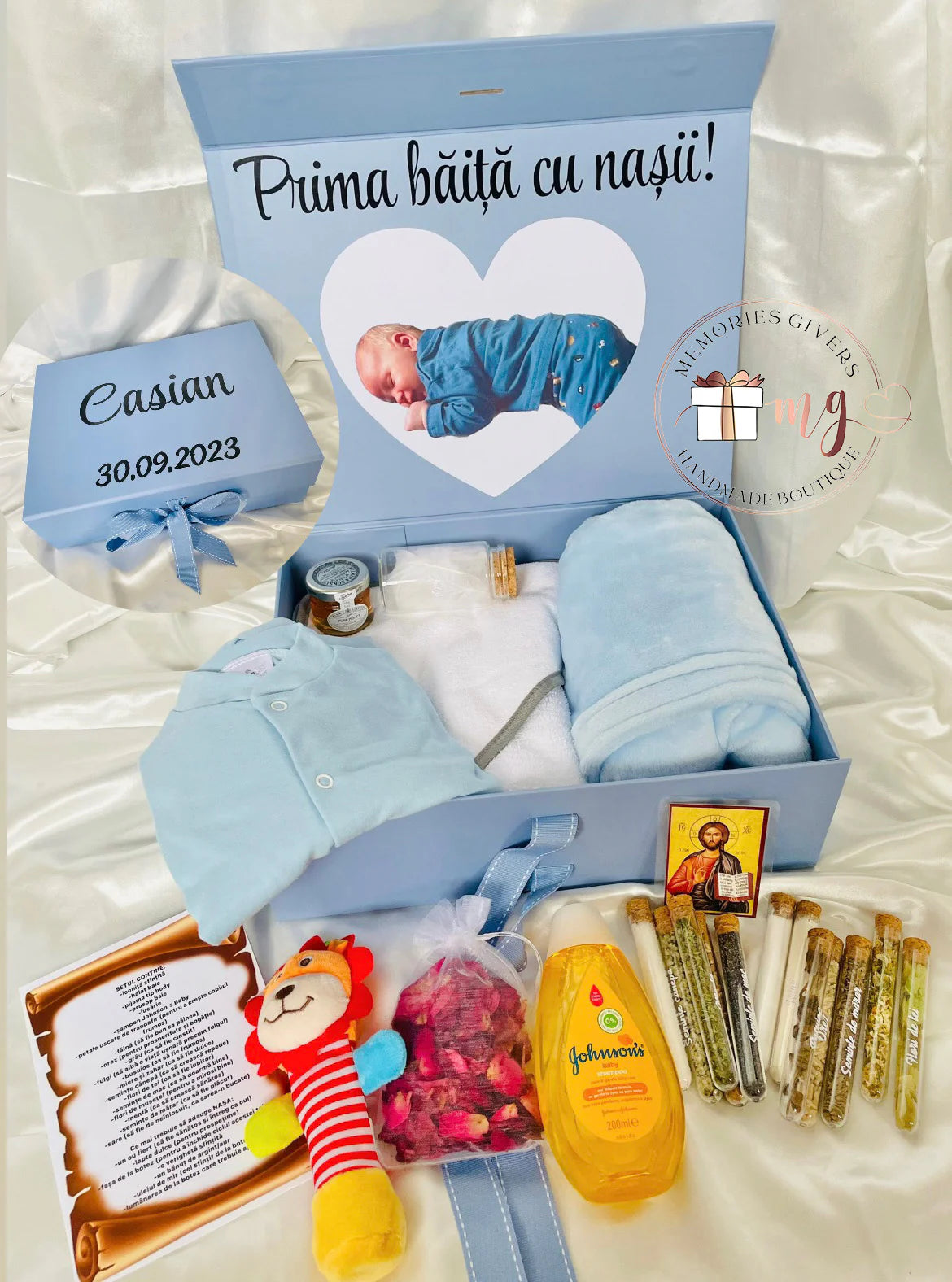 Set albastru prima băiță după Botez cu hăinuțe personalizate sau simple