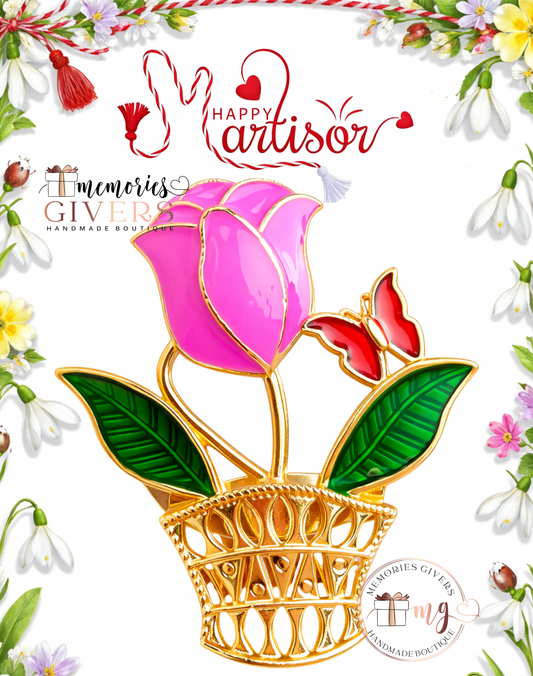 Broșă -LALEA ROZ- cu sau fără mesaj pe spate și ciocolată