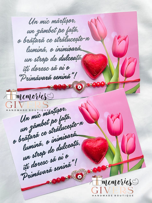 Brățară mărțișor cu mesaj și inimioară din ciocolată