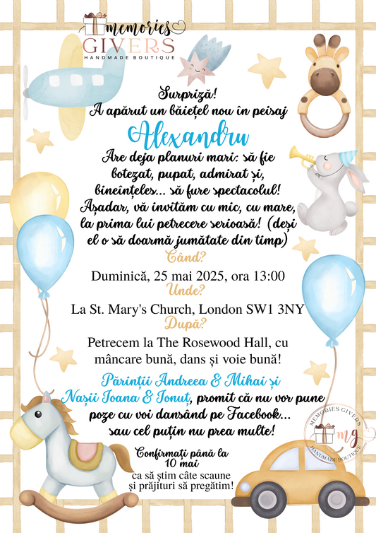 Invitație băiețel crem cu jucării