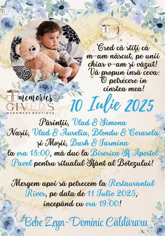 Invitație băiat cu flori albastre