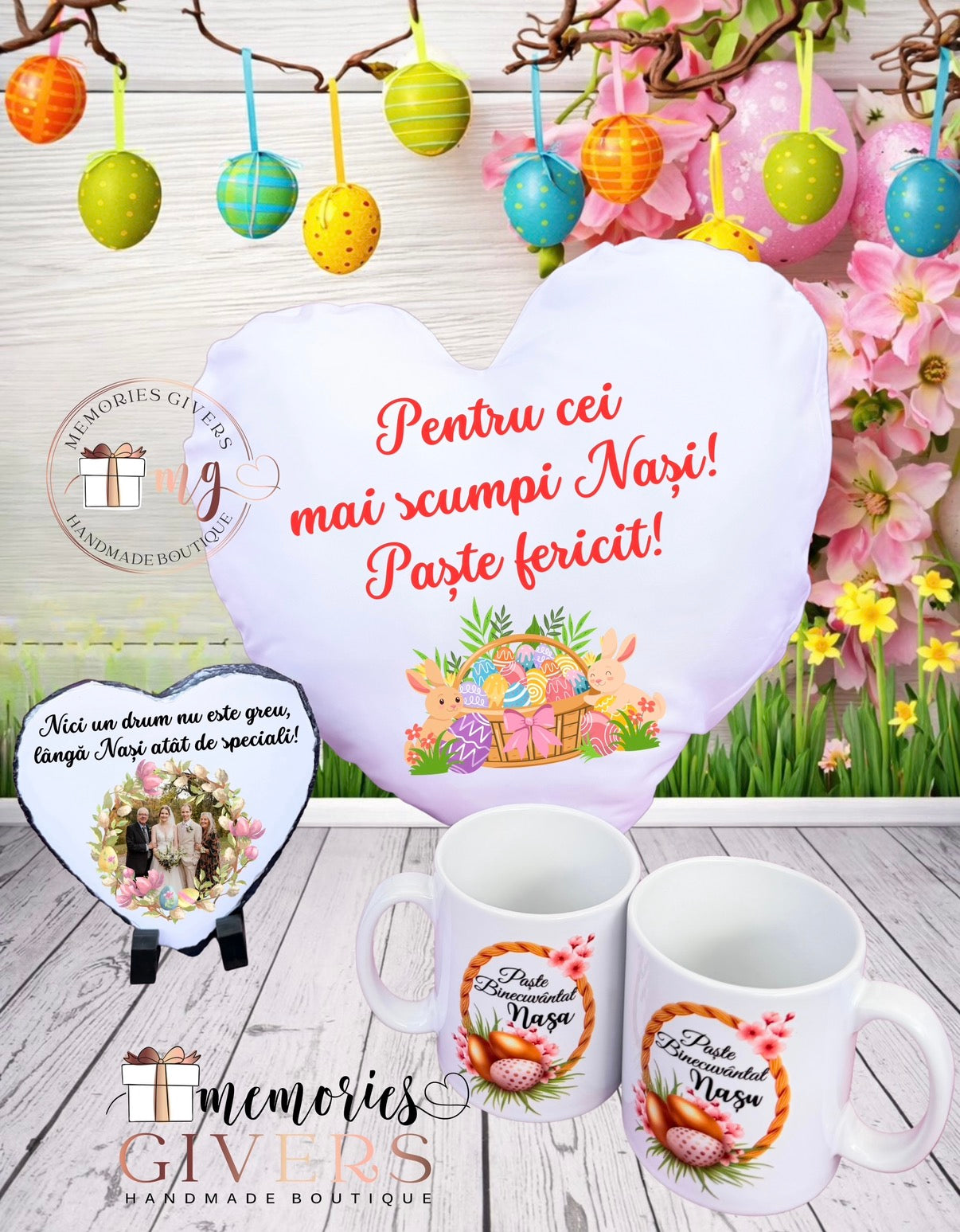 Pernă inimă, 2 căni & piatră ardezie inimă