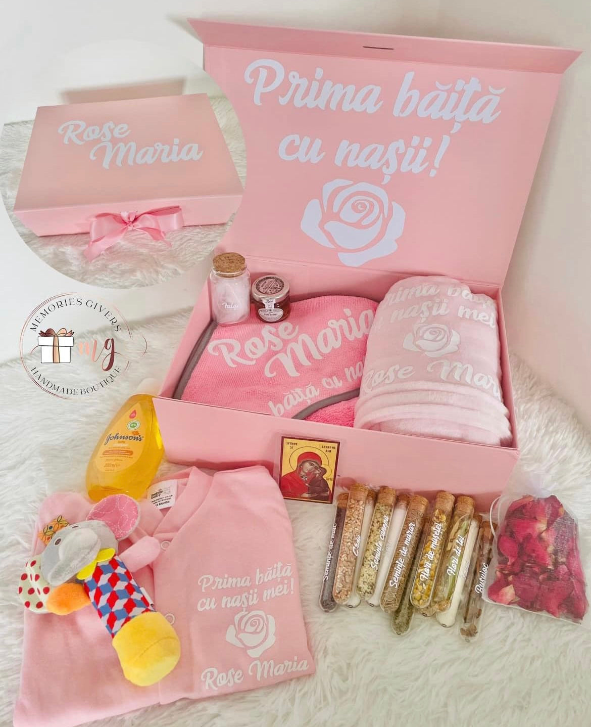 Set roz prima băiță după Botez cu hăinuțe personalizate sau simple
