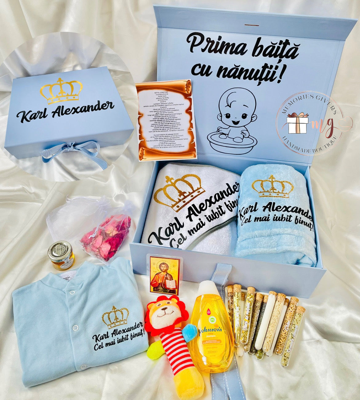 Set albastru prima băiță după Botez cu hăinuțe personalizate sau simple