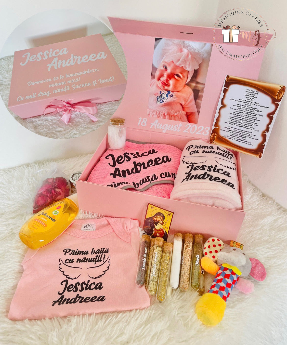 Set roz prima băiță după Botez cu hăinuțe personalizate sau simple