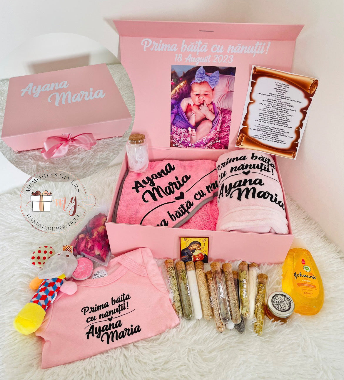 Set roz prima băiță după Botez cu hăinuțe personalizate sau simple