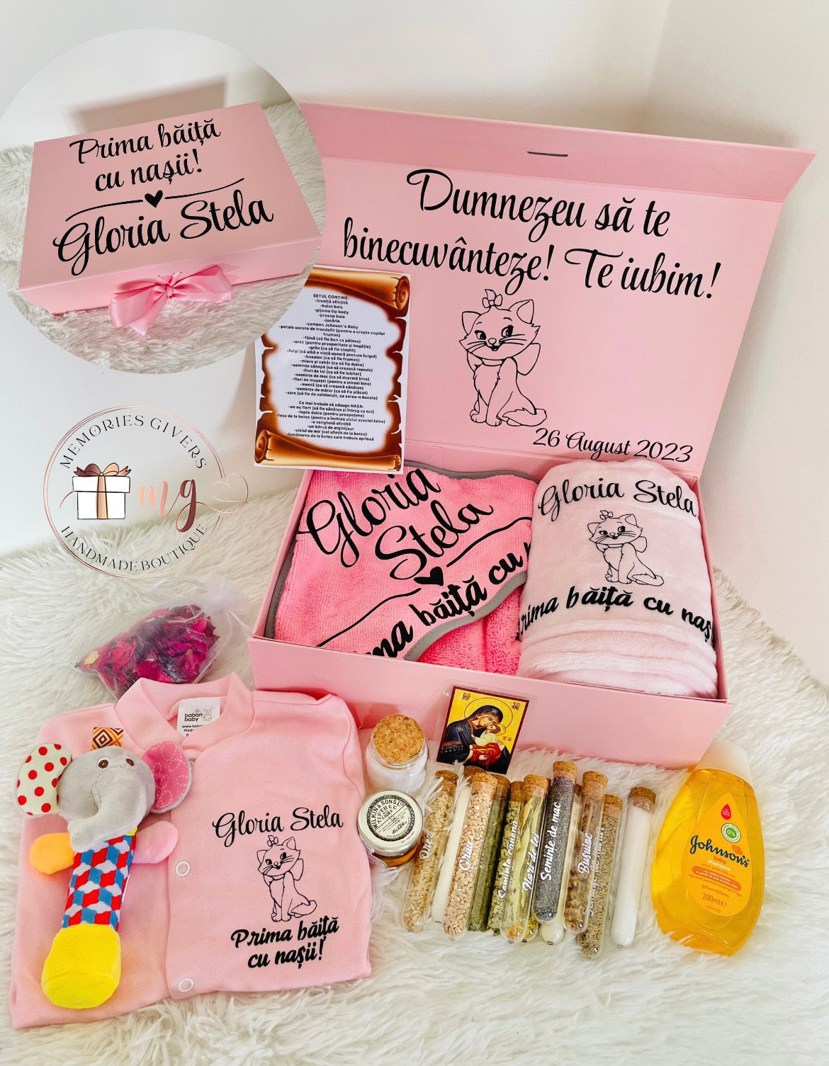 Set roz prima băiță după Botez cu hăinuțe personalizate sau simple