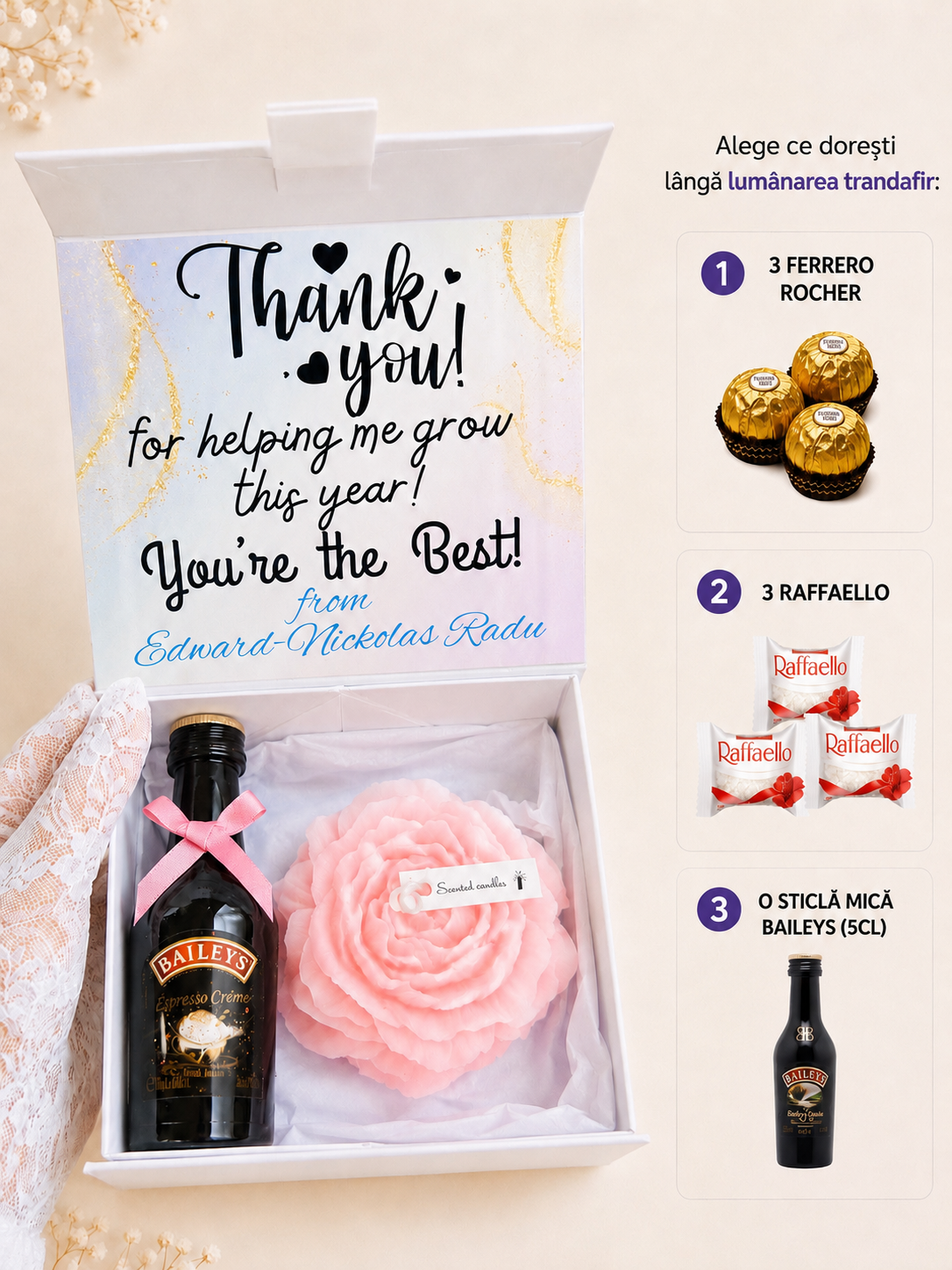 Cutiuță cu lumânare trandafir, ciocolată sau mini Baileys