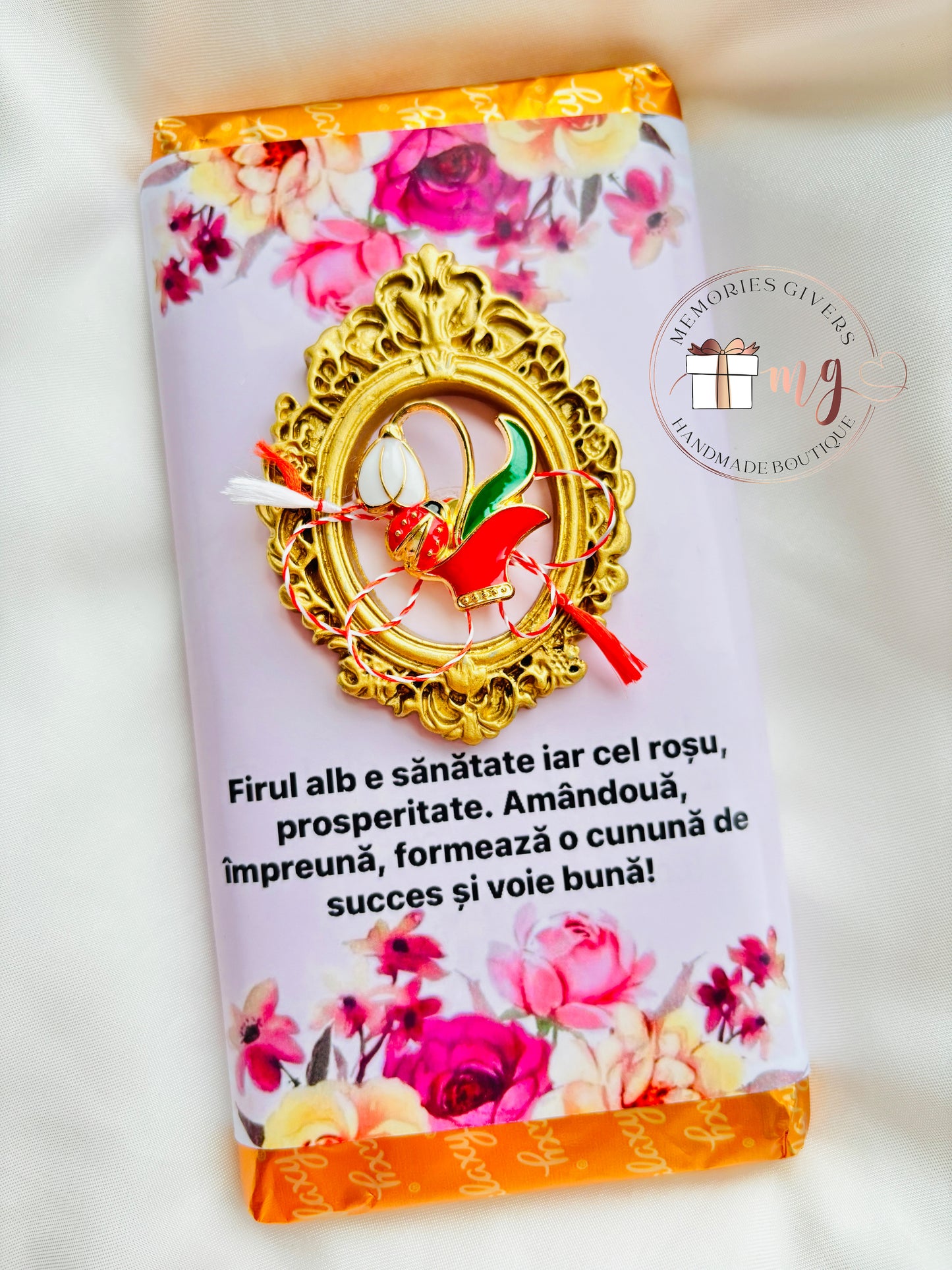 Ciocolată personalizată cu broșă mărțișor și Prosecco