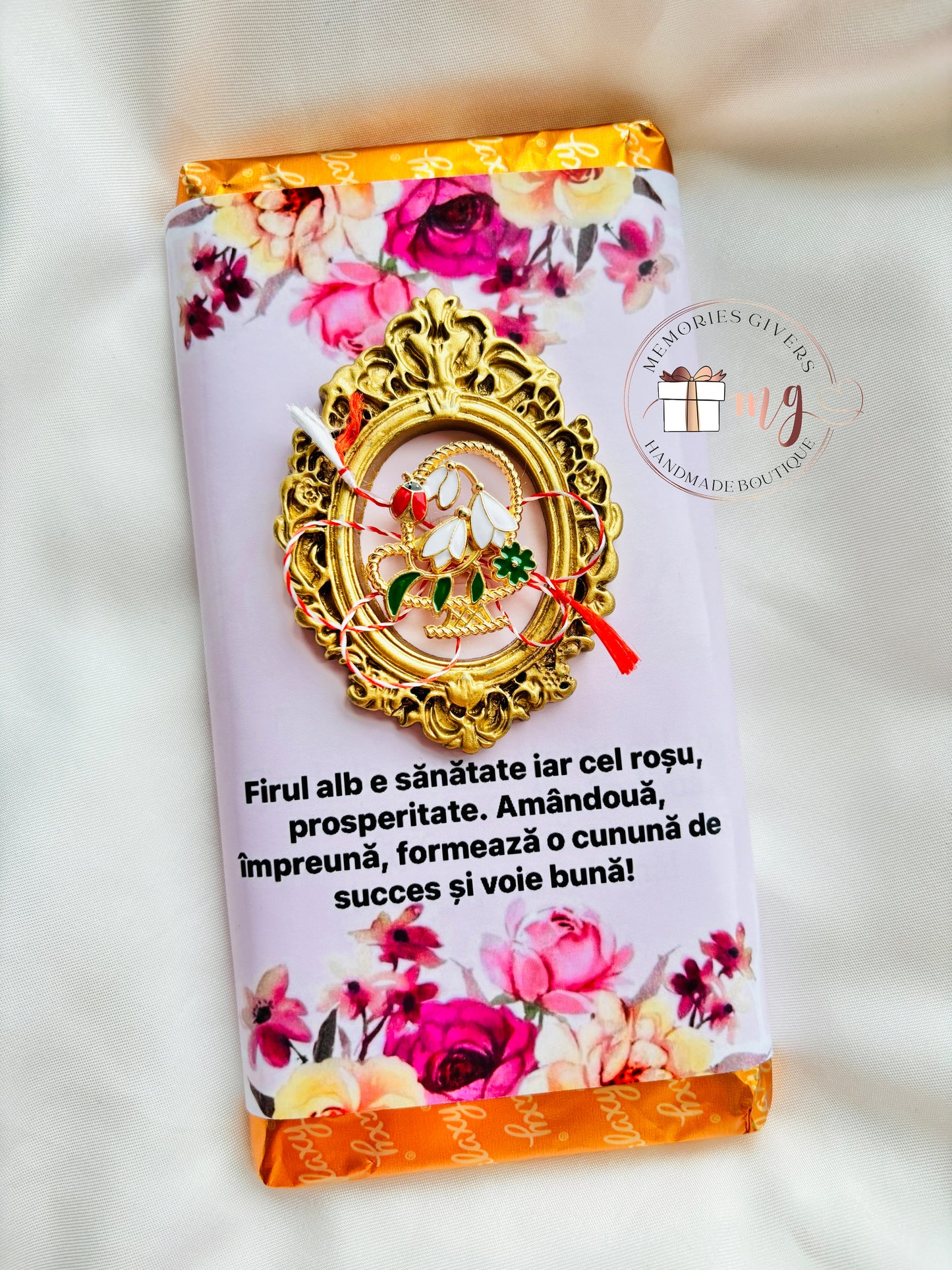 Ciocolată personalizată cu broșă mărțișor și Prosecco