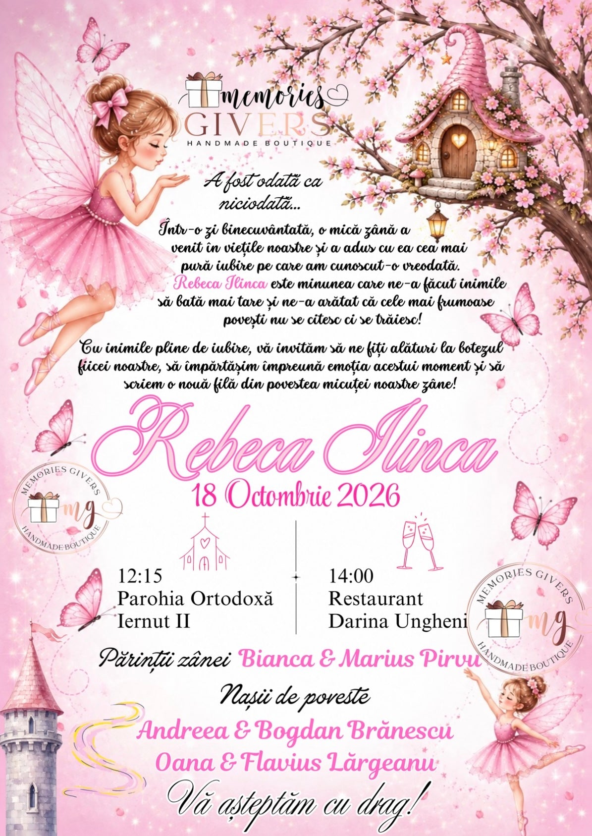 Invitație roz cu zâne
