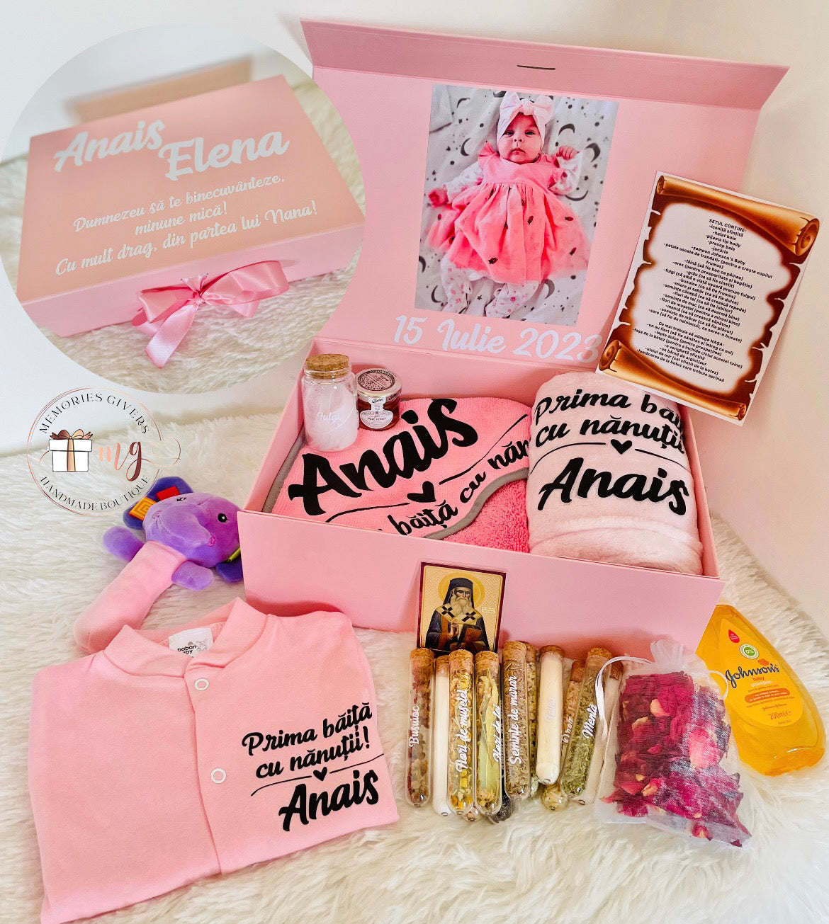 Set roz prima băiță după Botez cu hăinuțe personalizate sau simple
